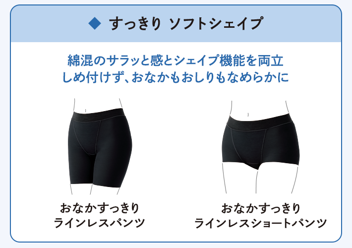 すっきり ソフトシェイプ 綿混のサラッと感とシェイプ機能を両立しめ付けず、おなかもおしりもなめらかに おなかすっきり ラインレスパンツ／おなかすっきり ラインレスショートパンツ