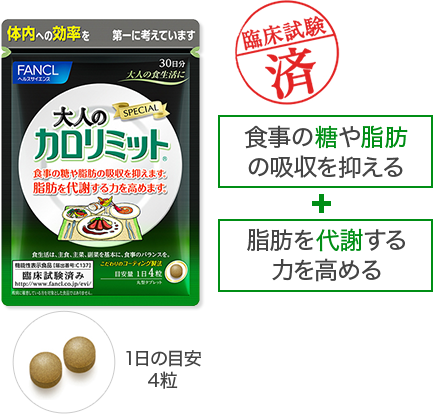 臨床試験済 食事の糖や脂肪の吸収を抑える 脂肪を代謝する力を高める 1日の目安4粒