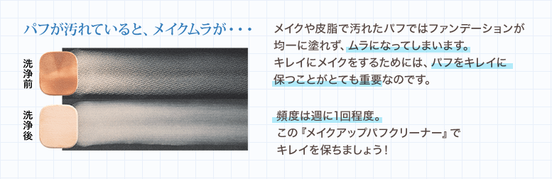 パフが汚れていると、メイクムラが… メイクや皮脂で汚れたパフではファンデーションが均一に塗れず、ムラになってしまいます。キレイにメイクをするためには、パフをキレイに保つことがとても重要なのです。頻度は週に1回程度。この『メイクアップパフクリーナー』でキレイを保ちましょう！