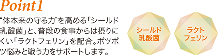 Point1 “体本来の守る力”を高める「シールド乳酸菌」と、普段の食事からは摂りにくい「ラクトフェリン」を配合。ポツポツ悩みと戦う力をサポートします。 シールド乳酸菌 ラクトフェリン