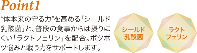 Point1 “体本来の守る力”を高める「シールド乳酸菌」と、普段の食事からは摂りにくい「ラクトフェリン」を配合。ポツポツ悩みと戦う力をサポートします。 シールド乳酸菌 ラクトフェリン