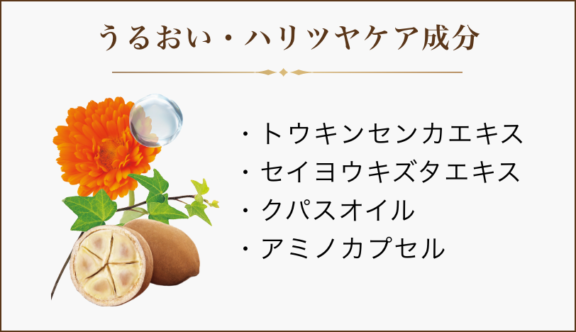 うるおい・ハリツヤケア成分/トウキンセンカエキス/セイヨウキズタエキス/クパスオイル/アミノカプセル