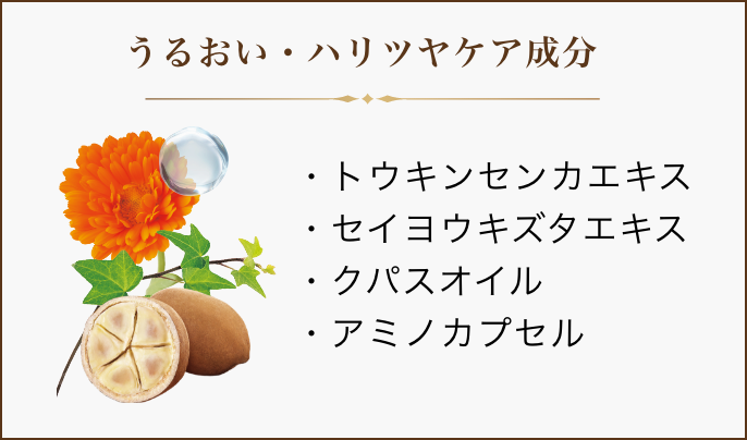 うるおい・ハリツヤケア成分/トウキンセンカエキス/セイヨウキズタエキス/クパスオイル/アミノカプセル