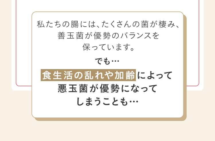 私たちの腸には、たくさんの菌が棲み、善玉菌が優勢のバランスを保っています。でも食生活の乱れや加齢によって悪玉菌が優勢になってしまうことも…
