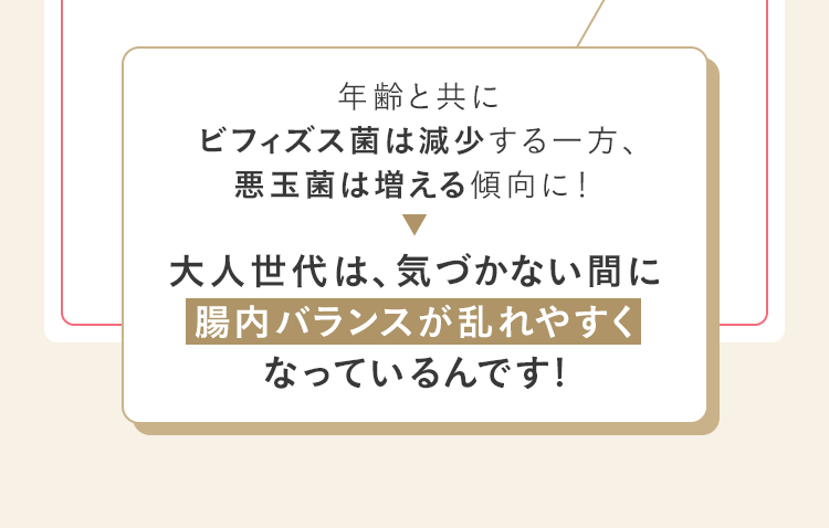 年齢と共にビフィズス菌は減少する一方、悪玉菌は増える傾向に! 大人世代は、気づかない間に腸内バランスが乱れやすくなっているんです!