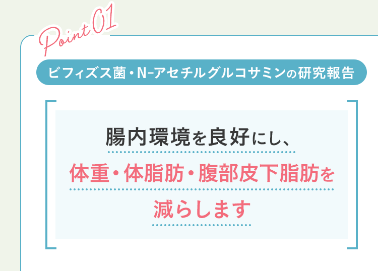 ビフィズス菌・N-アセチルグルコサミンの研究報告腸内環境を良好にし、体重・体脂肪・腹部皮下脂肪を減らします